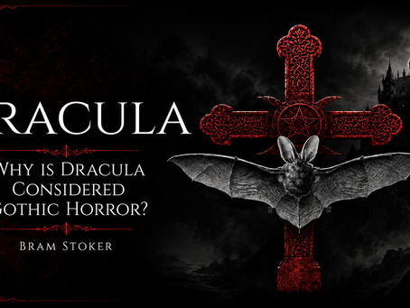 Dark gothic Dracula blog banner featuring a large red ornate cross, detailed bat with spread wings, moonlit castle, black background, and white title text reading “Why Is Dracula Considered Gothic Horror?" from Kittredge Publishing.