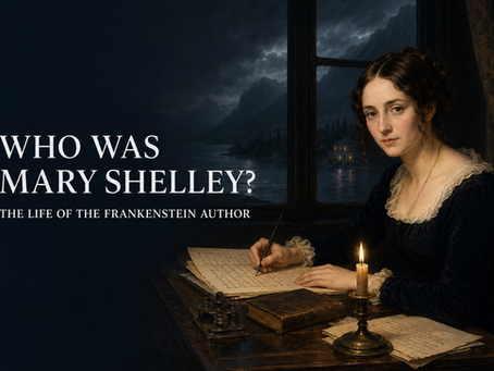 Mary Shelley writing by candlelight beside a stormy Lake Geneva.
