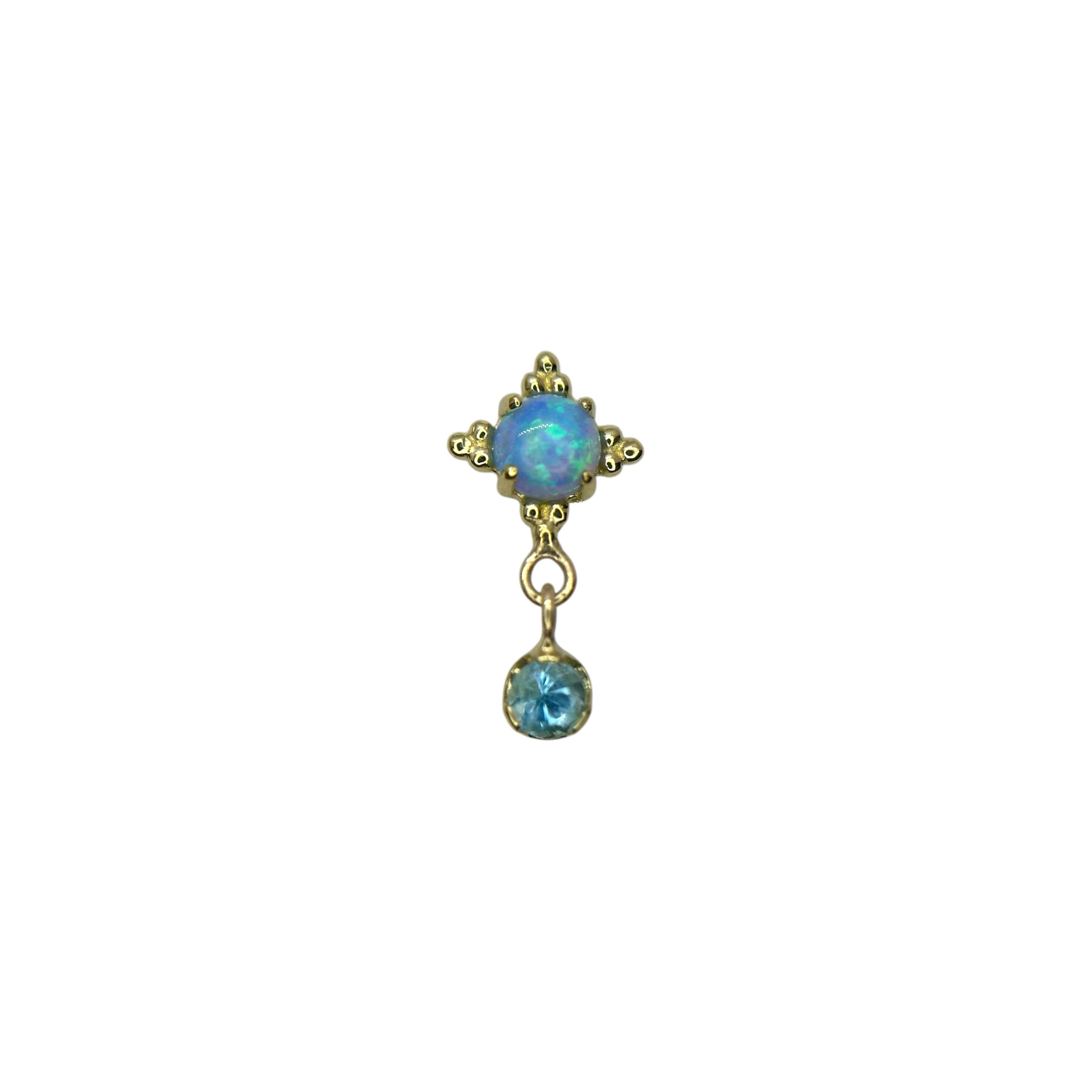 Anatometal Zia with Prong Dangle Blue Opal & Swiss Blue Topaz 18kt Yellow Gold
