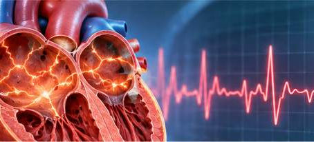 Ilustração de um coração com atividade elétrica atrial desorganizada, representando a fibrilação atrial