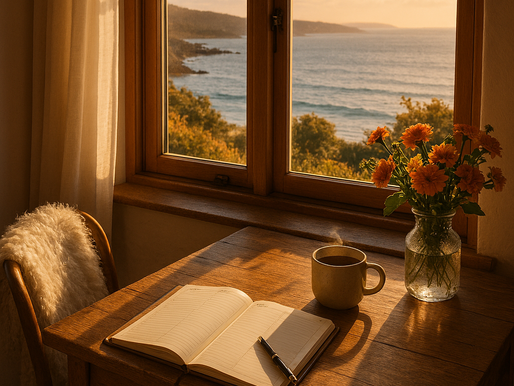 Open notebook and pen on a wooden table by a window, with a steaming mug and vase of orange flowers. Ocean view under a warm sunset glow.
