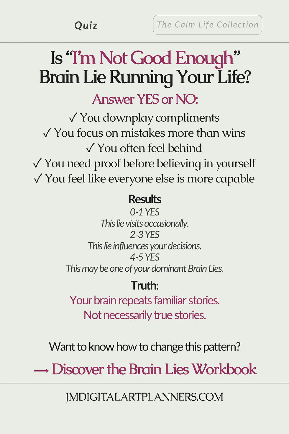 Quiz poster about the brain lie I’m Not Good Enough, with checklist items, results, and a call to discover the Brain Lies Workbook