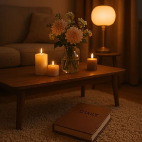 Cozy room with a lit lamp and candles on a wooden table alongside flowers in a vase. A diary lies on a plush carpet, creating a warm ambiance.