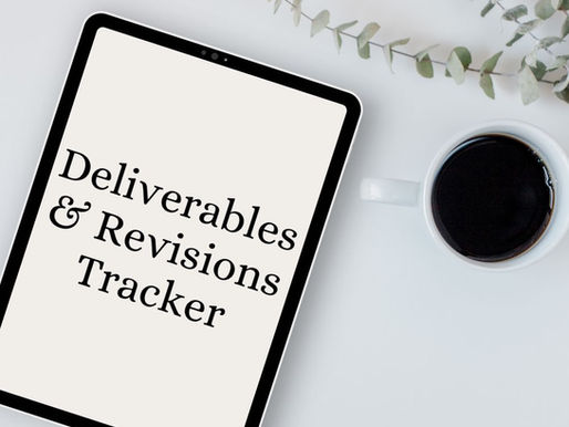 Tablet displaying "Deliverables & Revisions Tracker" beside a cup of coffee and eucalyptus leaves on a light surface.
