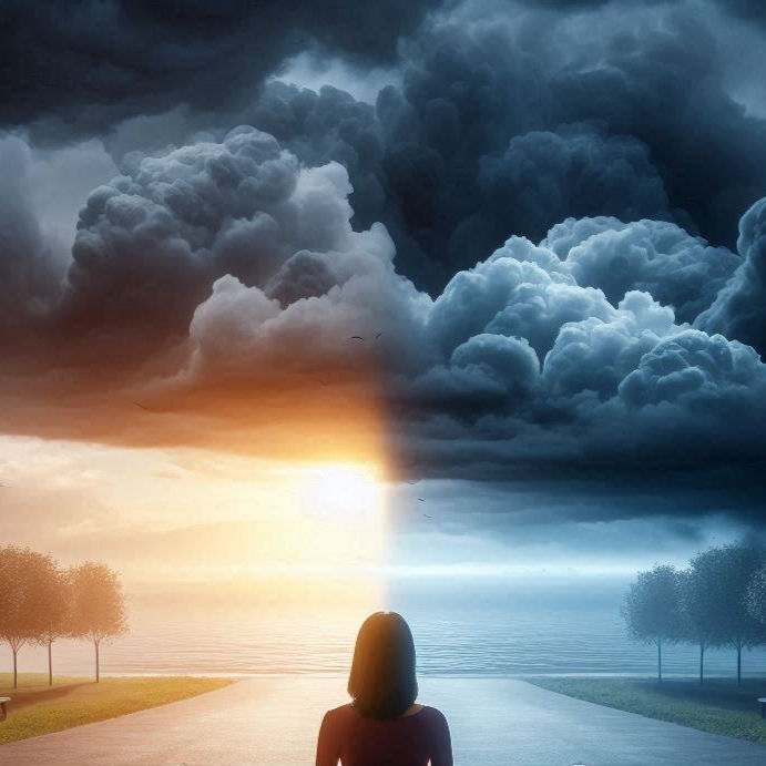 A person stands on a road under a sky split between bright orange sunrise and dark stormy clouds, flanked by trees, creating a dramatic mood.