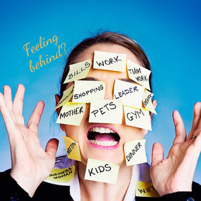Stressed woman with sticky notes on her face reading work, bills, shopping, leader, kids, dinner, in front of blue background and Feeling behind?