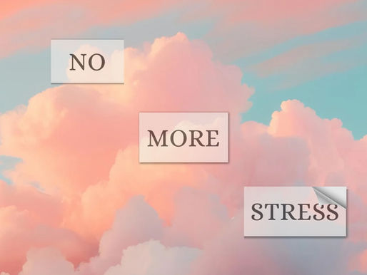Pink and blue sky with fluffy clouds. White labels with bold text read "NO MORE STRESS," suggesting calm and relaxation.