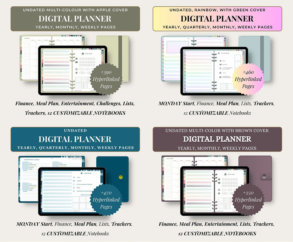 Four digital planners with covers in green, blue, rainbow, and brown. Each has different hyperlinked page counts and customizable features.