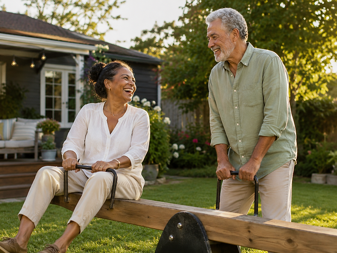 Happy retired couple enjoying a comfortable and peaceful life at home