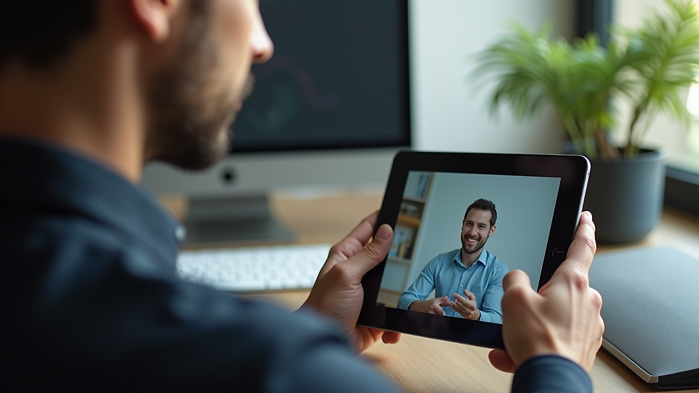 High angle view of a person using a tablet for a virtual coaching session