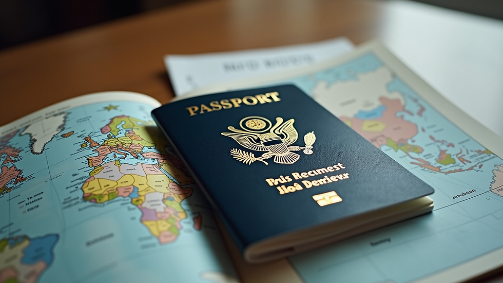 Close-up view of a passport beside various travel documents