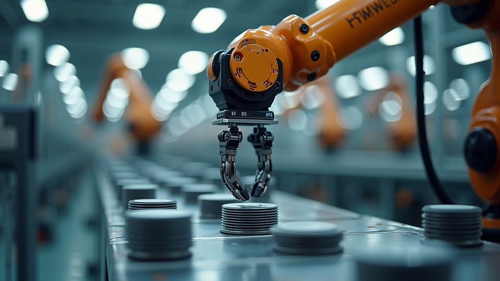 Eye-level view of a robotic arm assembling components on a production line