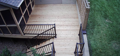 Alternate aerial view of Cedar deck with black Tuscany Westbury railing and attached cedar screened porch.