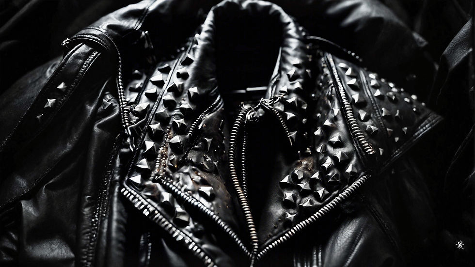 a high resolution extreme close up of a studded punk leather jacket, bondage gear, with a 