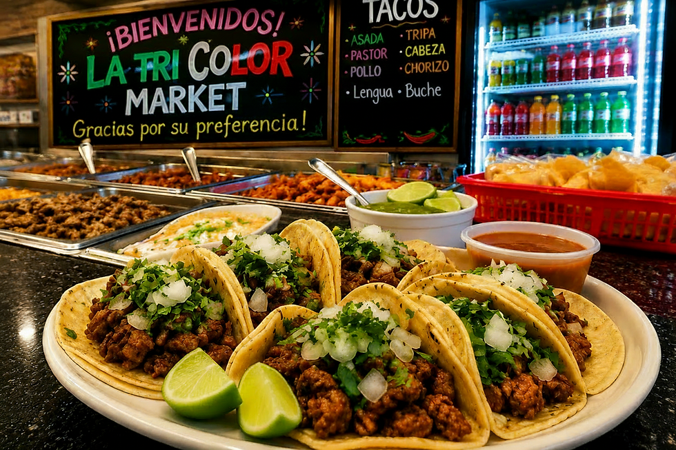 Tacos in front of La Tri Color Market sign