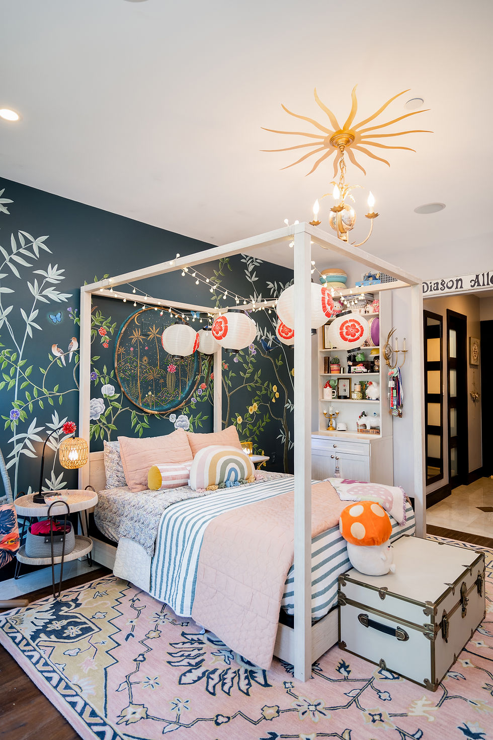 Eclectic bedroom with chinoiserie wallpaper mural by Mint Decor