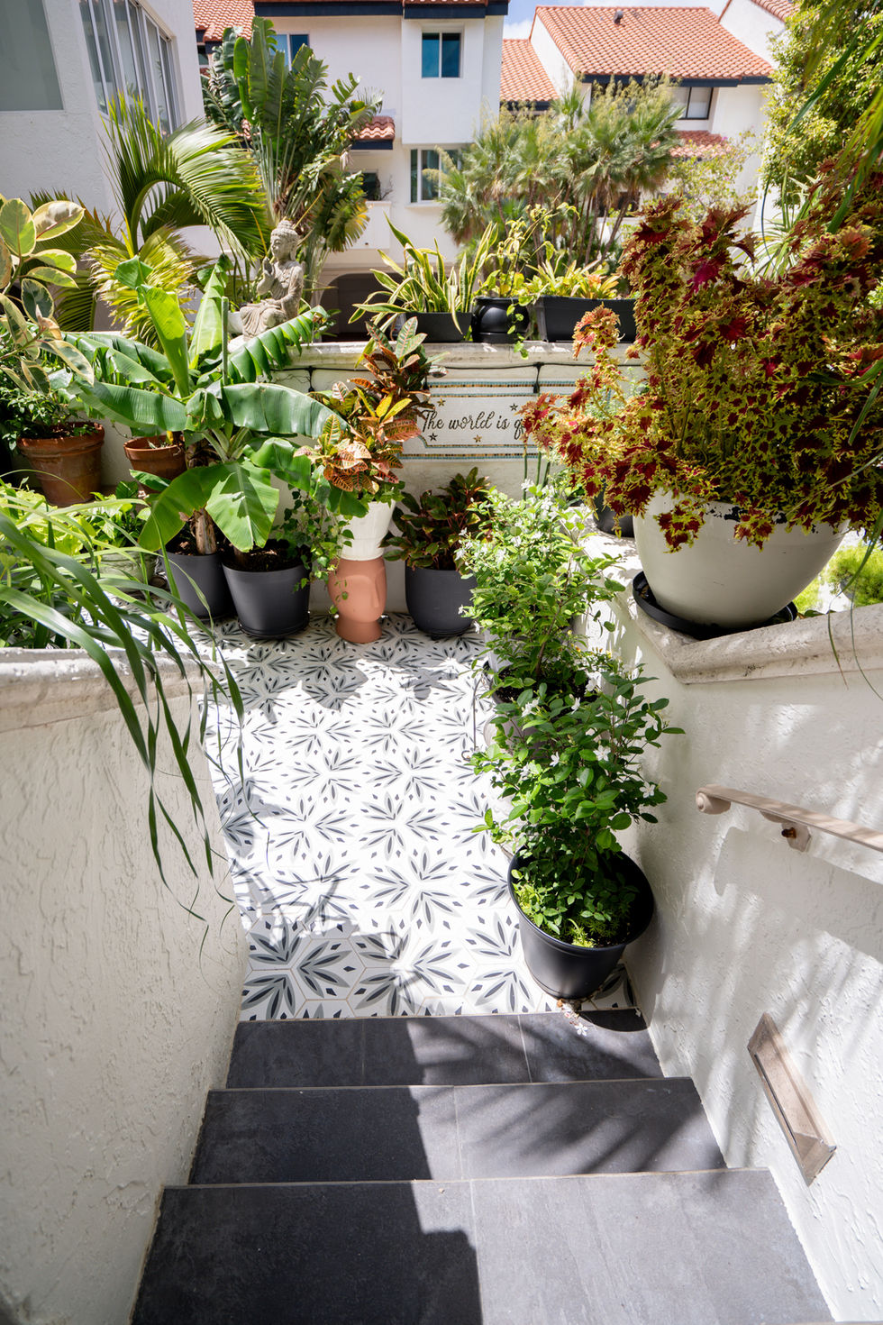 Outdoor garden space in Miami featuring mixed foliage, sculptural planters, and relaxed contemporary styling