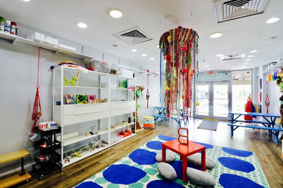 Open retail space with vibrant accents, modular displays, and creative flow inspired by Miami interior design