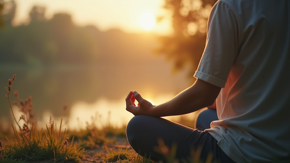 Close-up view of a person meditating in a serene environment
