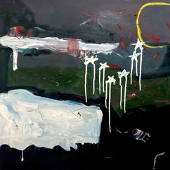 An abstract landscape painting depicting my view of America and its failed promises. View of horizon and stars. 