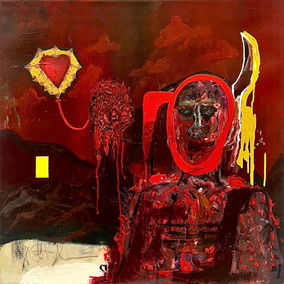 Dark red painting depicting figure and heart, textured painting