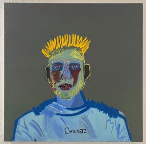 A painting depicting a multicolored figure, meant to represent the misery of the artist