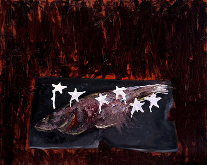 A decaying fish is set on a cracked plate in a chaotic void, stars are set above the fish. 