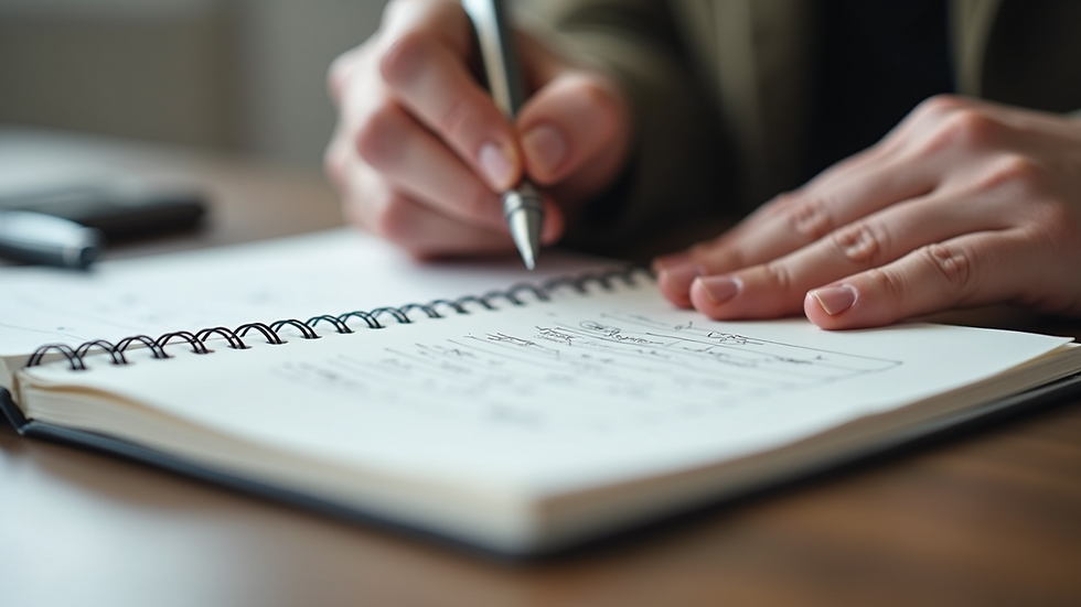 Close-up view of a therapist’s notebook with handwritten notes and a pen
