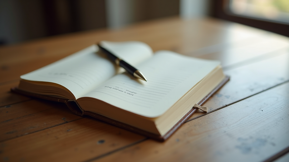 Close-up view of a journal and pen on a wooden table, symbolizing reflection and healing