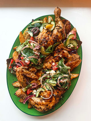 GREEK SPATCHCOCK CHICKEN, CHIPS AND SALAD