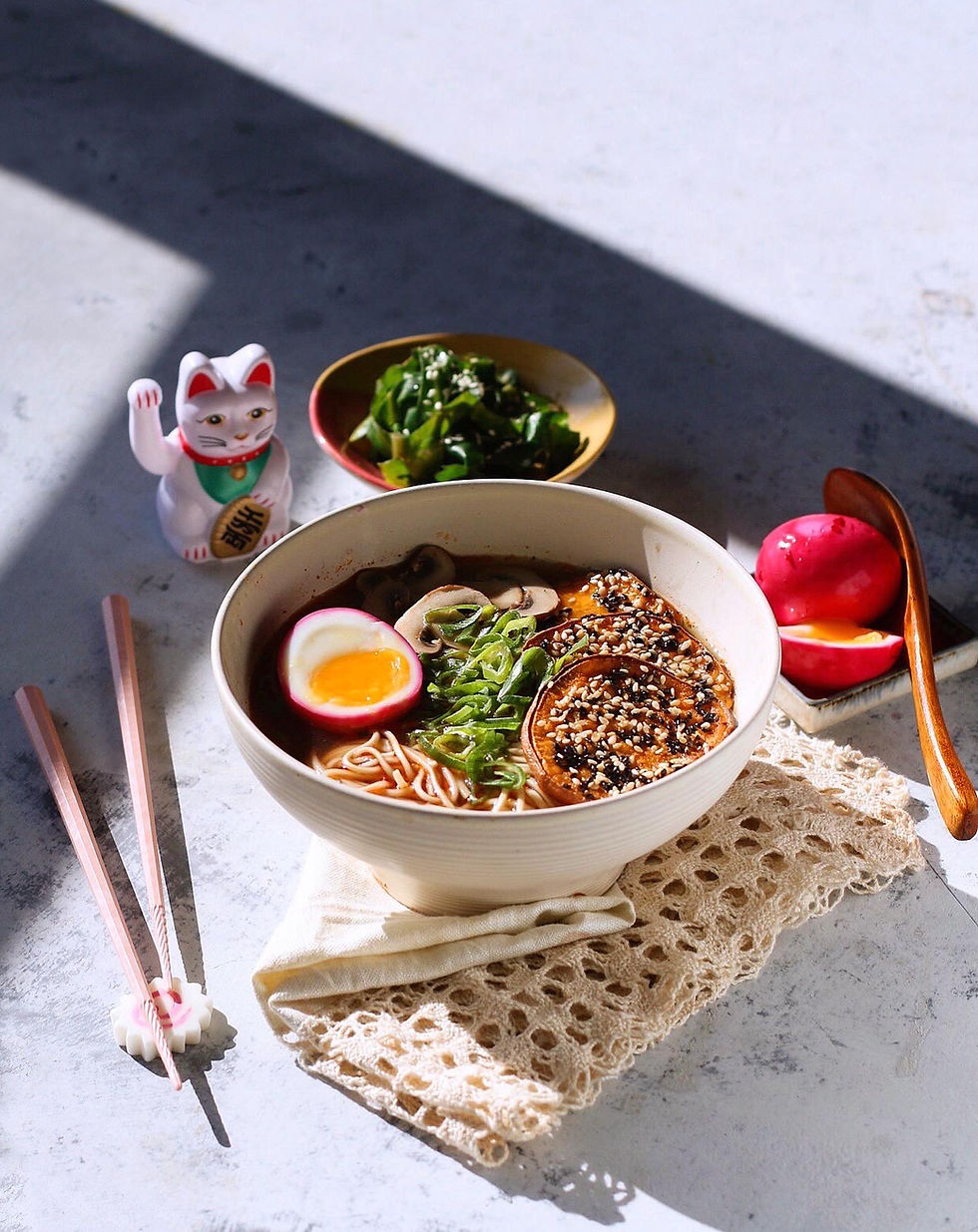 roasted sesame sweet potato ramen with pink ramen egg