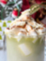 MATCHA WHITE HOT CHOCOLATE with marshmallows on top