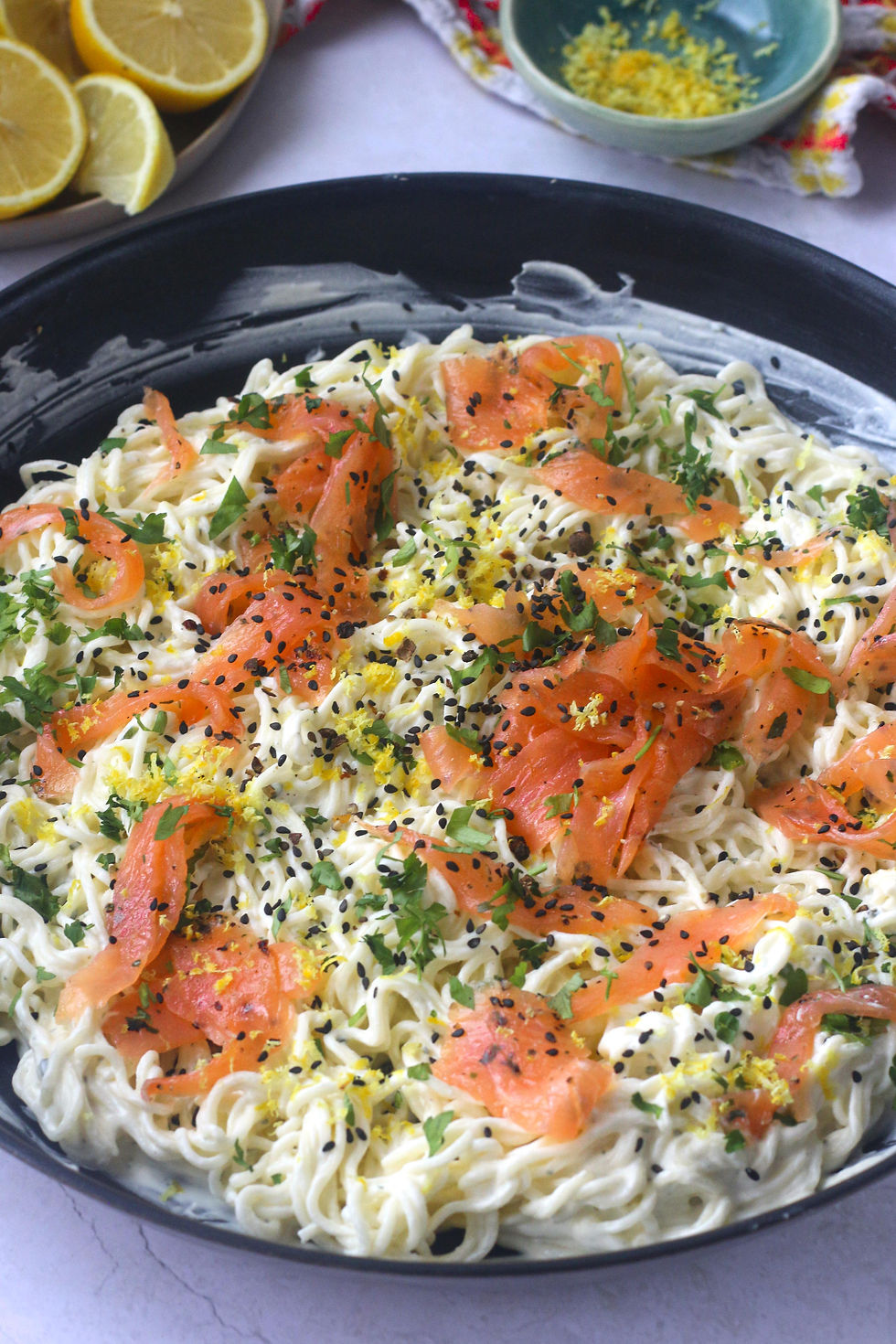 CREAMY LEMON BOURSIN SALMON NOODLES