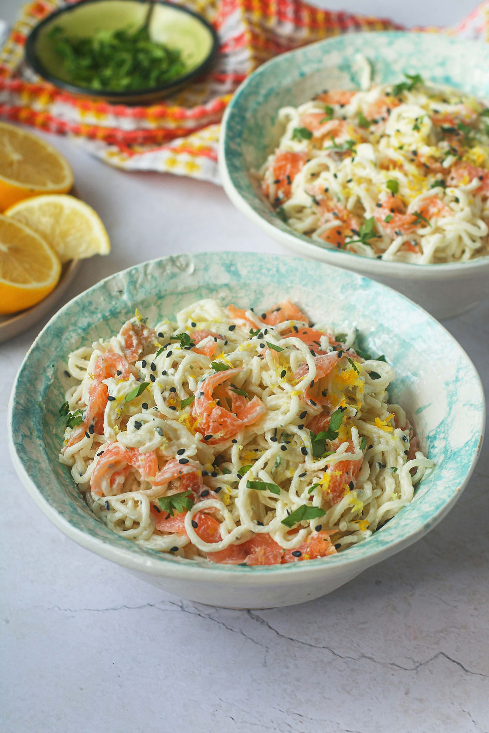 CREAMY LEMON BOURSIN SALMON NOODLES