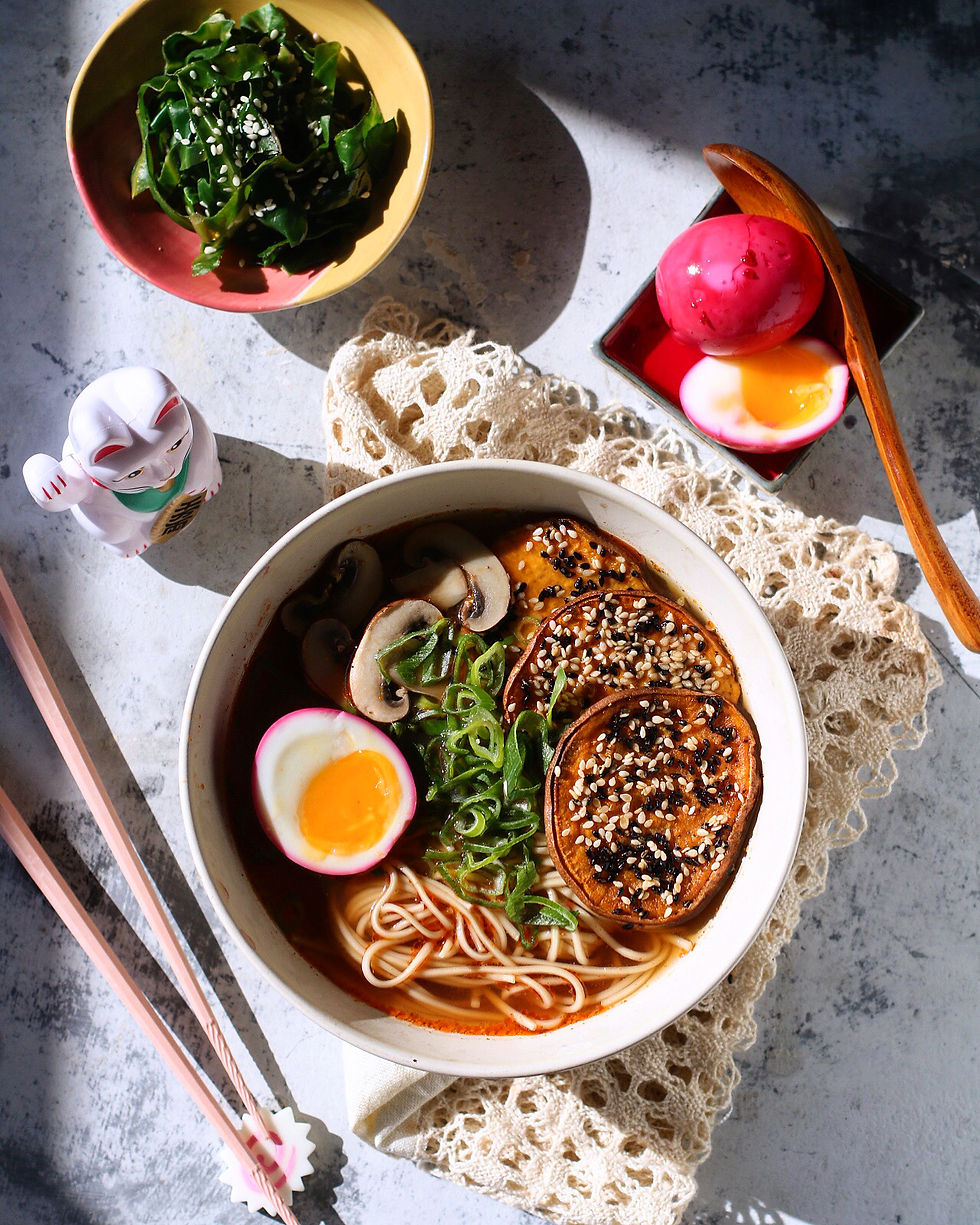 roasted sesame sweet potato ramen with pink ramen egg