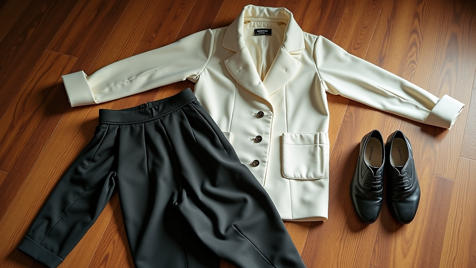 High angle view of a stylish outfit laid out on a wooden floor