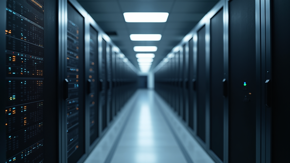 Eye-level view of a server room with multiple database servers