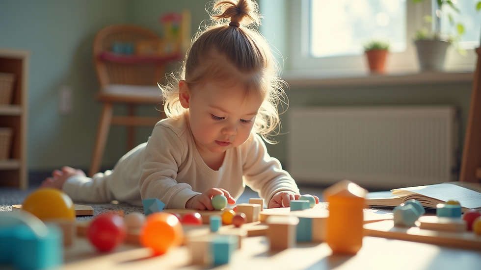 Eye-level view of a child playing with educational toys