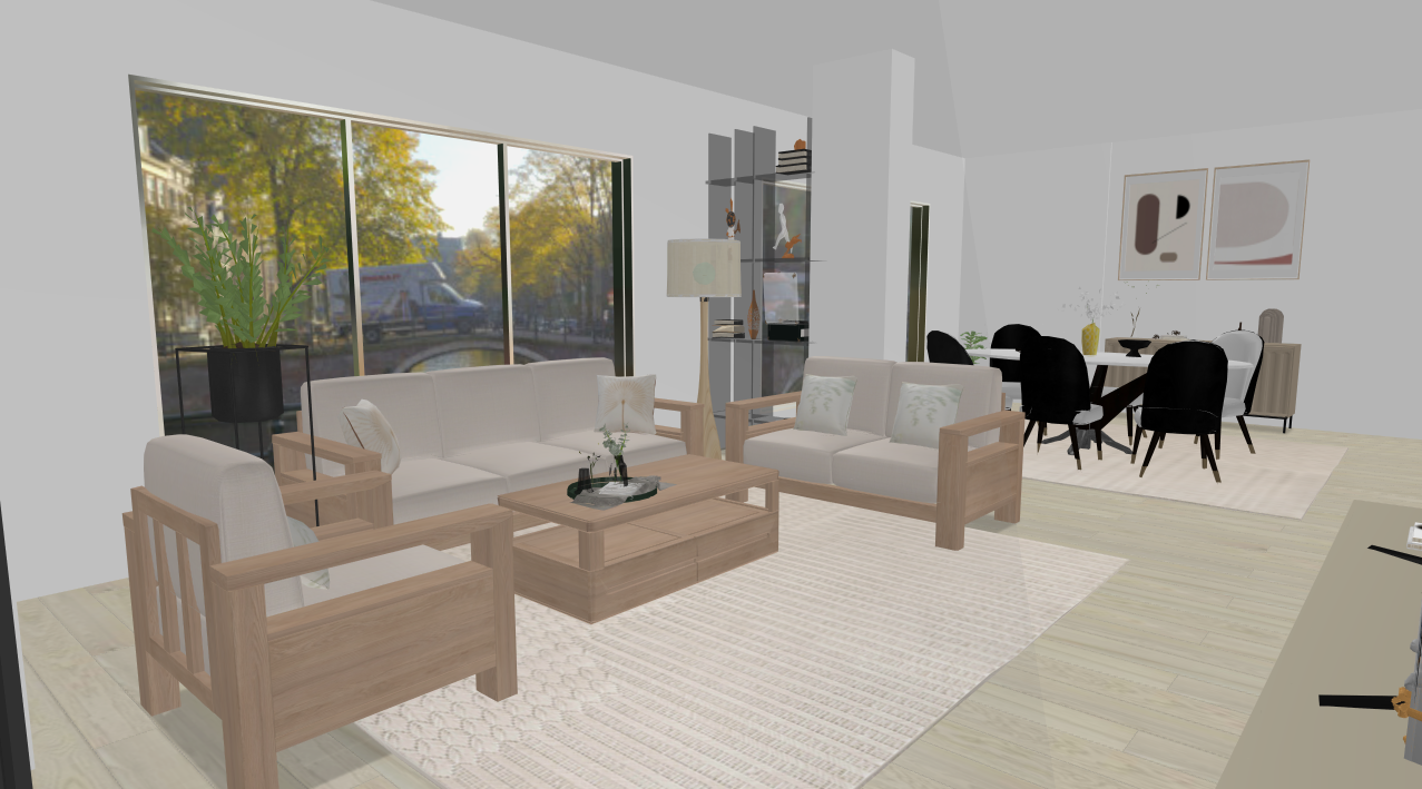 A cozy and stylish living room with bright blue and white traditional Greek island architecture visible through large windows. The interior features a modern orange and white sofa, elegant gold floor lamps, a wooden coffee table, and a bookshelf filled with books. Blue accents and Mediterranean elements create a warm, inviting atmosphere. This image was generated using ArchiVinci AI.