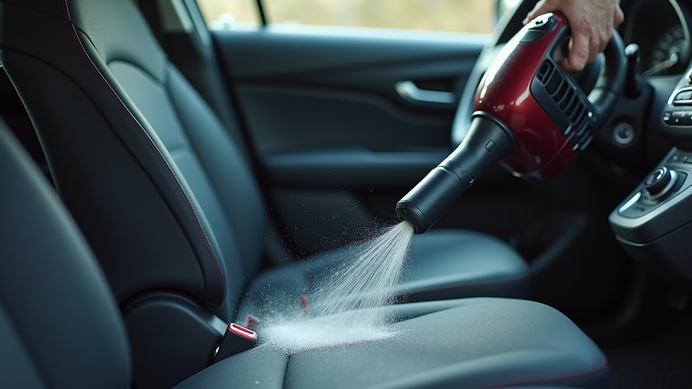 Close-up view of a vacuum cleaner nozzle cleaning a car seat