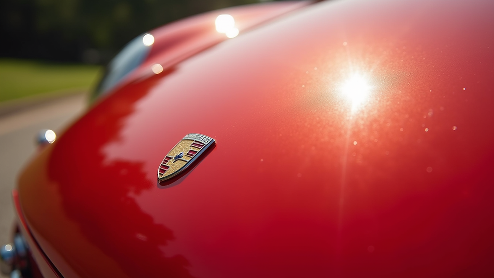 Close-up view of a shiny red car hood reflecting sunlight
