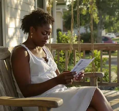 african american woman sitting on porch looking at a piece of paper