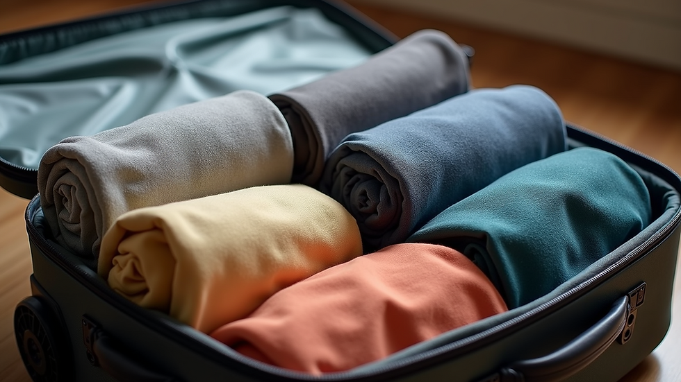 Close-up of rolled travel clothes in packing cubes inside a suitcase