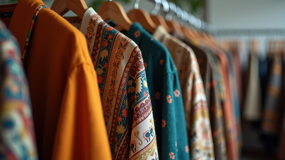 Eye-level view of a clothing rack featuring diverse ethnic-inspired garments