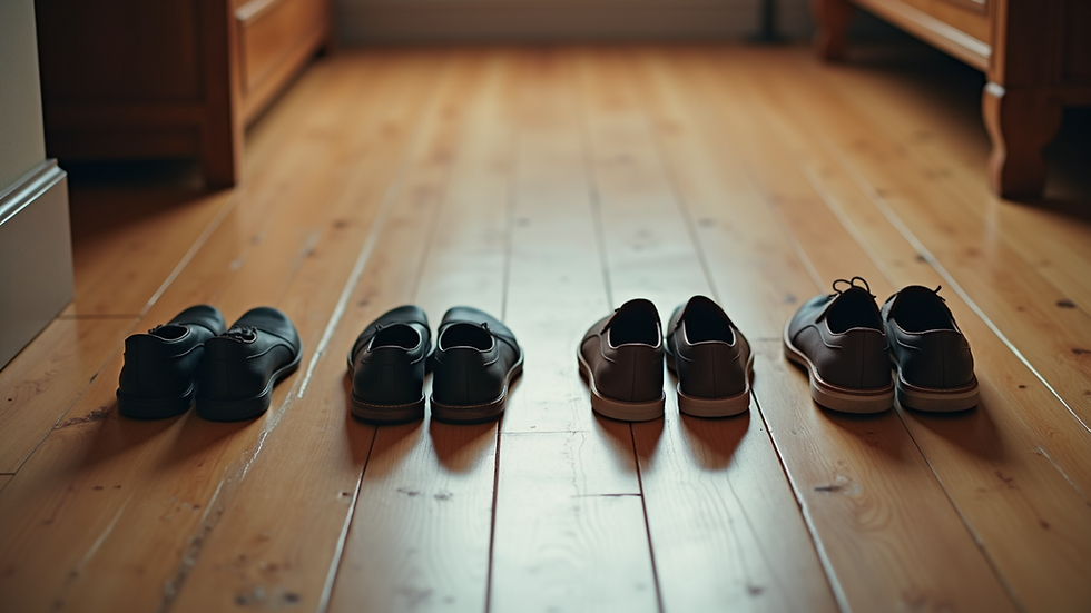 High angle view of three pairs of shoes lined up on a wooden floor