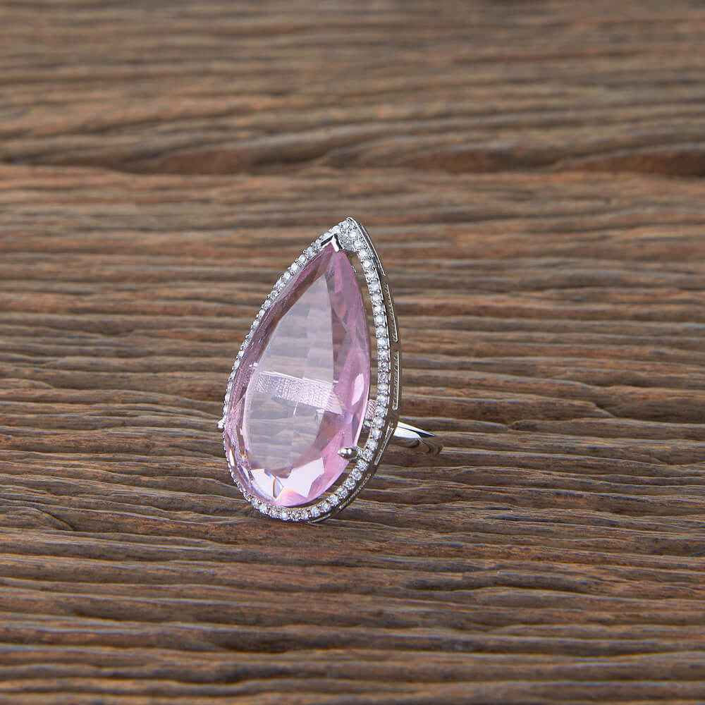 Cubic Pink Zirconia Adjustable Ring With Rhodium Plating