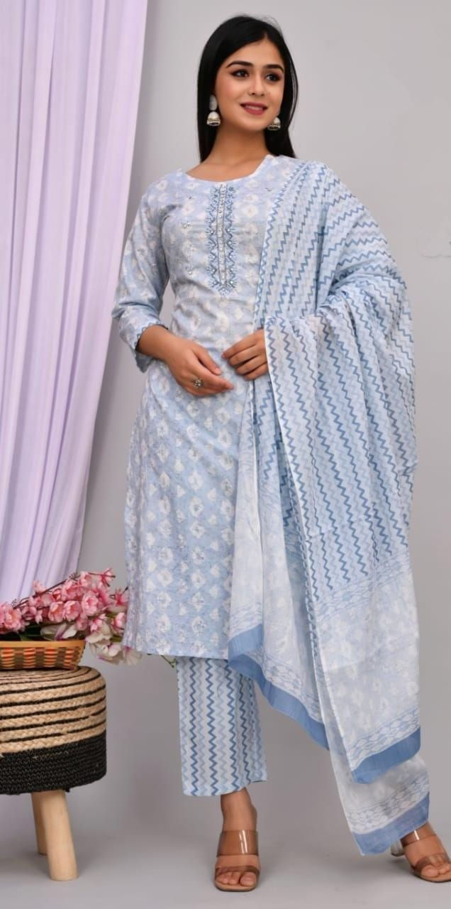 Light Blue Pleated Mirror Work Pure Cotton Kurta with Trousers with Dupatta