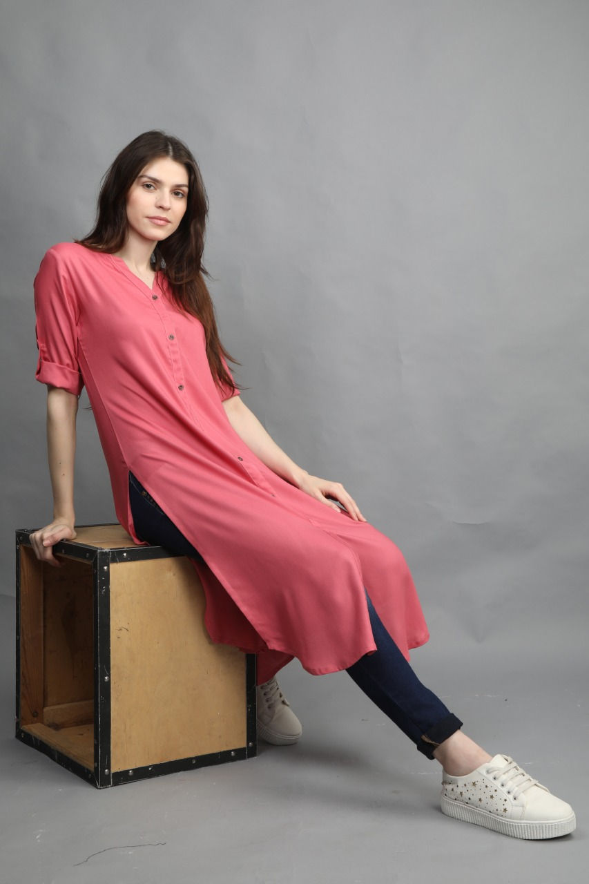 Brick Red Knee Length A-Line Rayon Kurta
