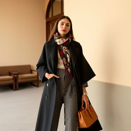 A woman, elegantly adorned in a sleek black coat and a vibrant patterned scarf, stands with confidence in a trendy indoor setting, radiating chic sophistication!