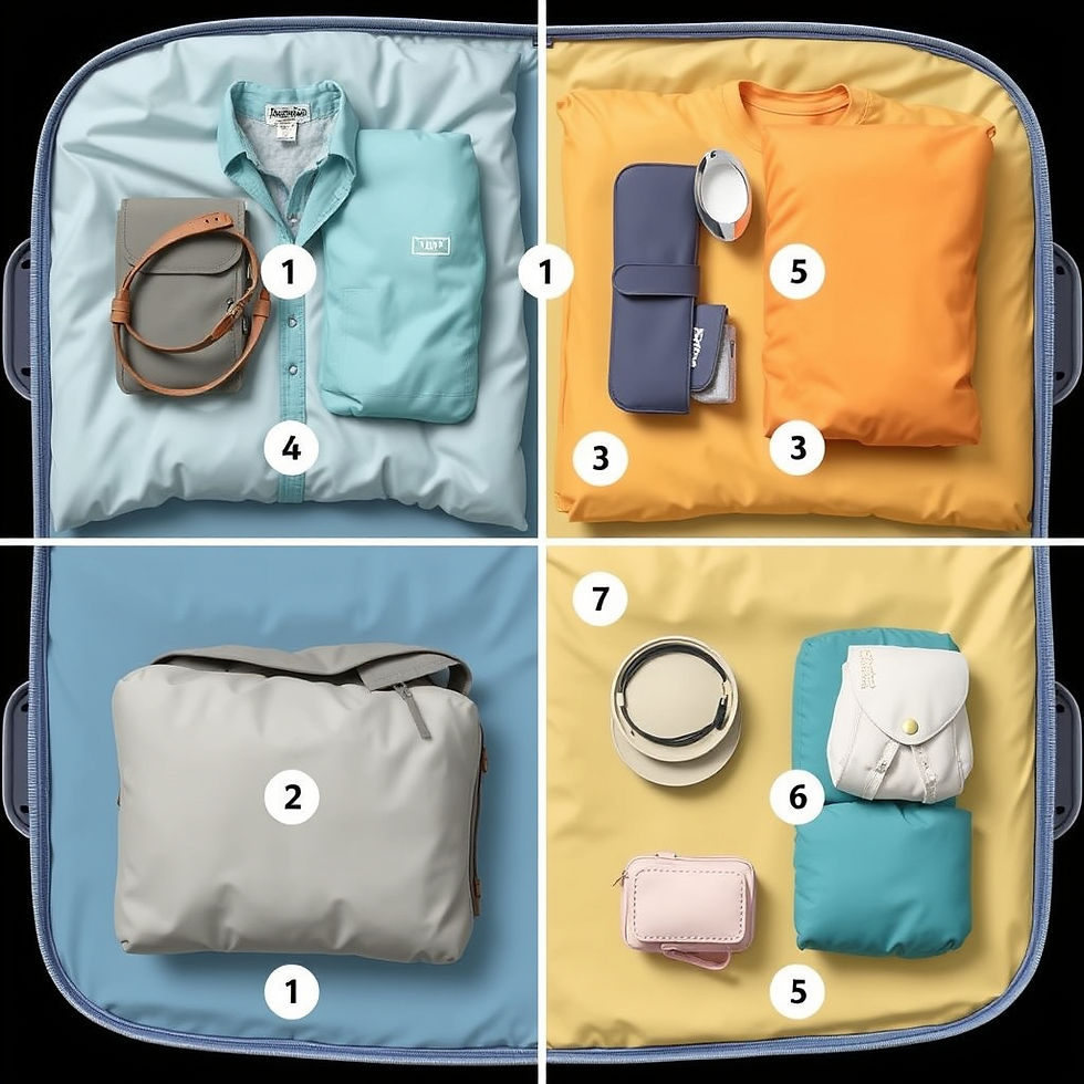 Four suitcase sections with organized clothes in shades of blue, orange, and yellow. Items labeled 1-7 include shirts, bags, and accessories.